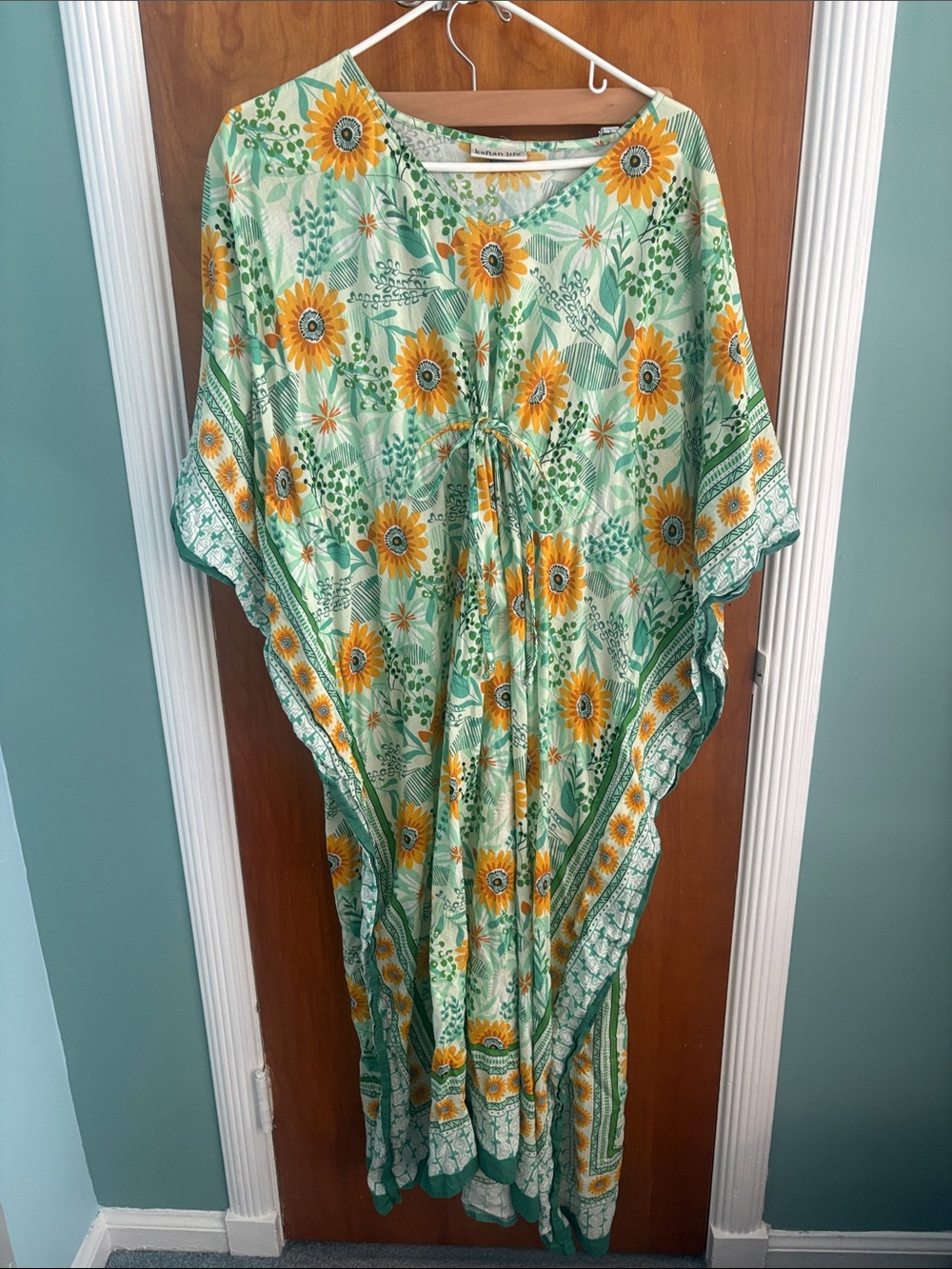 Mint Green Kaftan with Sunflower Print